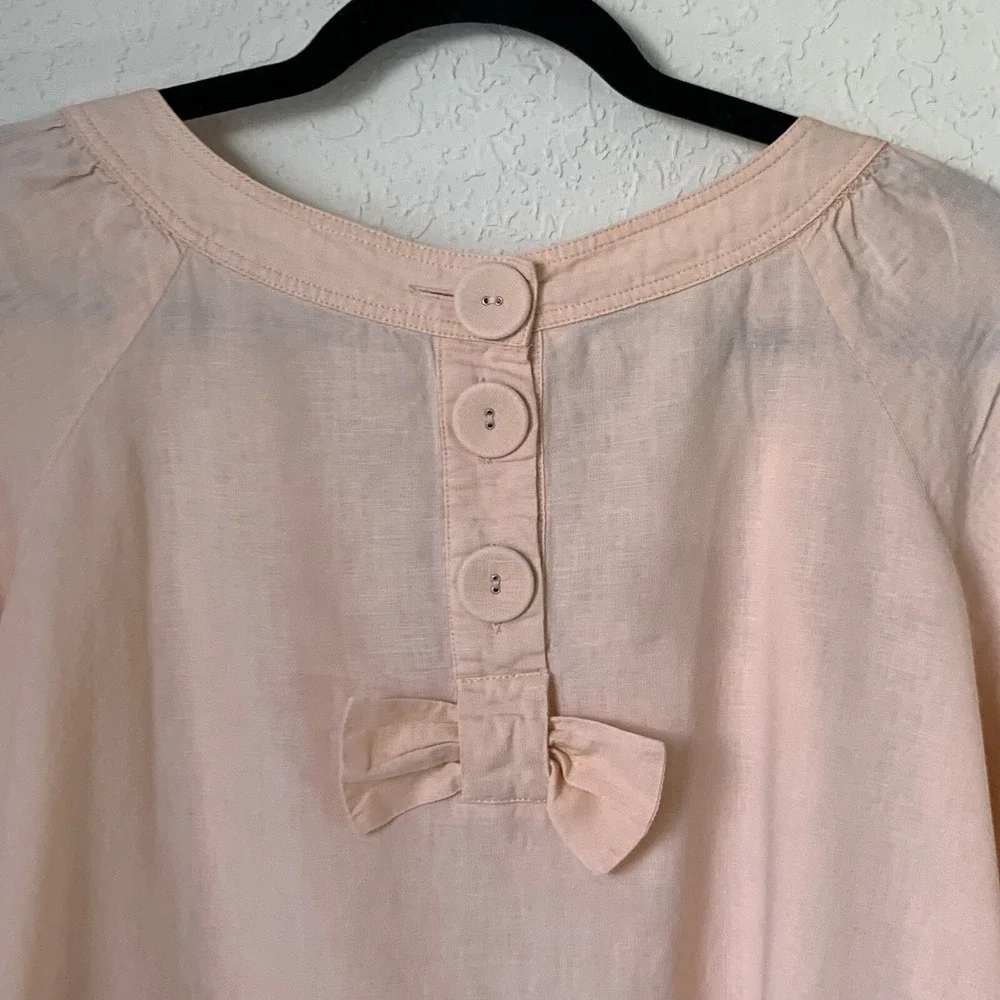 Sandro Shirt Women L Pink Peach Bow‎ Linen Beach Coastal Lagenlook Preppy Resort